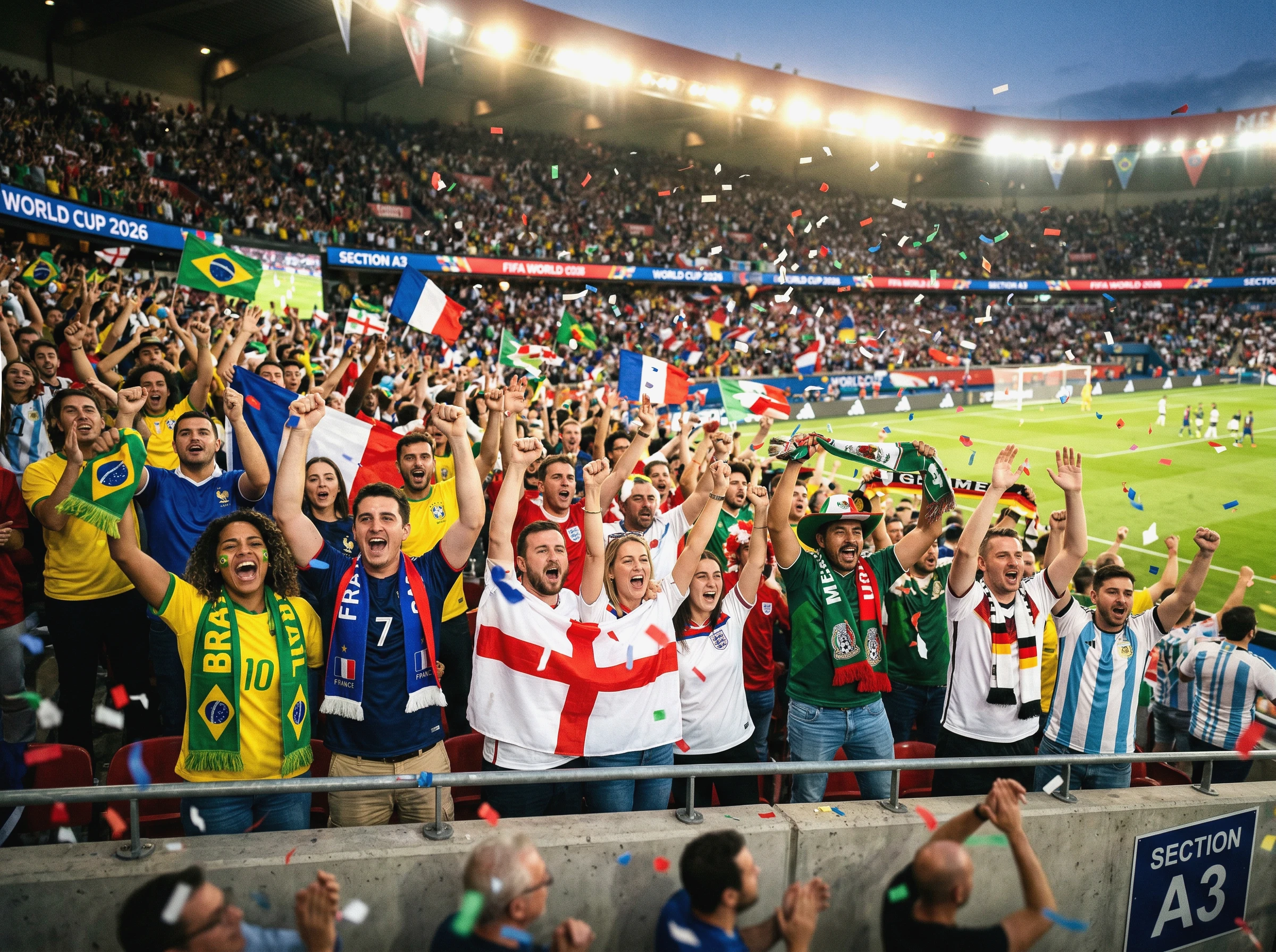 Fußballfans auf der Tribüne während eines WM-Spiels