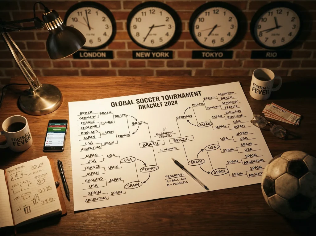 2026 World Cup match schedule calendar with clocks showing time zones across the US, Mexico, and Canada