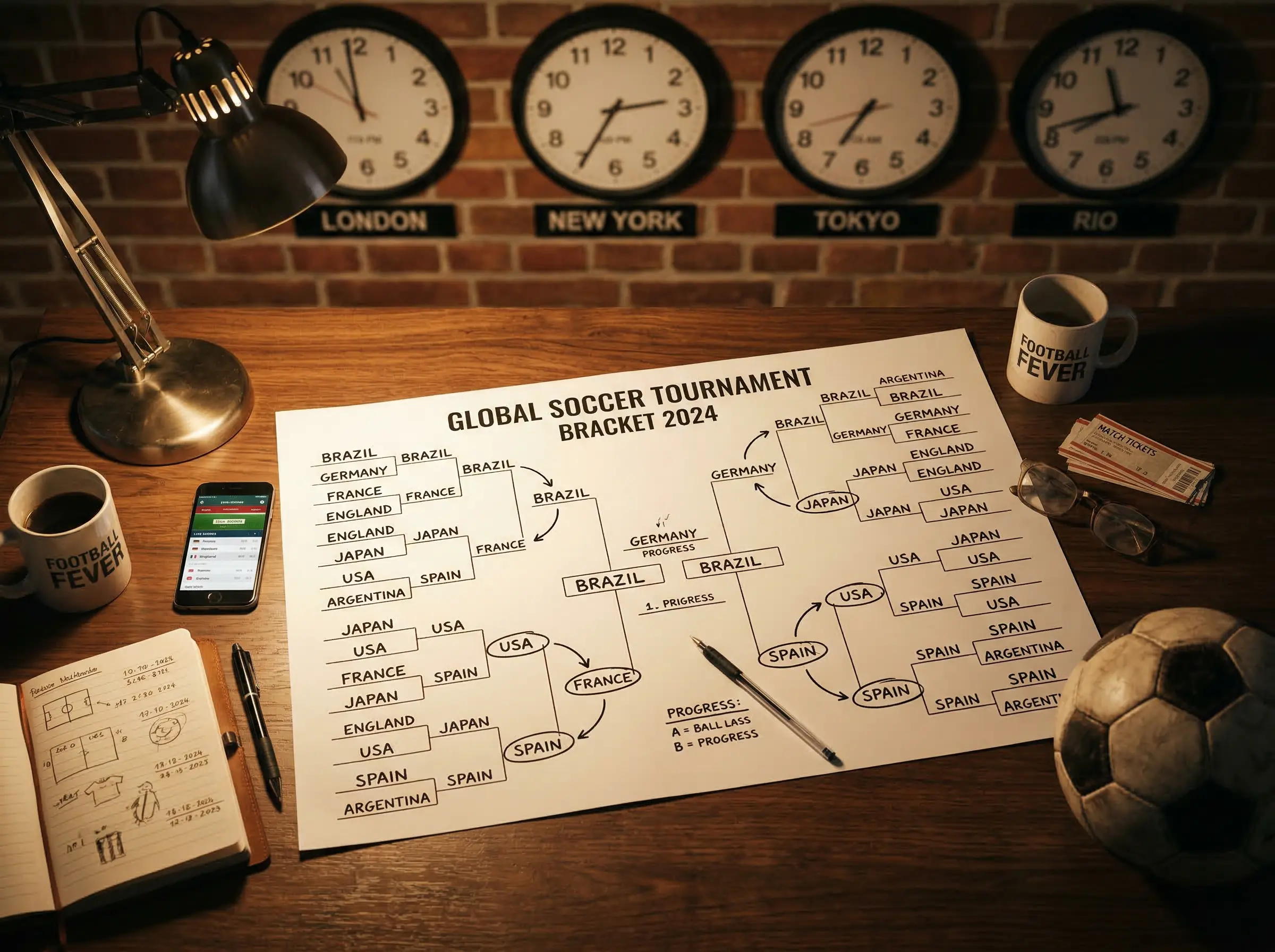 2026 World Cup match schedule calendar with clocks showing time zones across the US, Mexico, and Canada