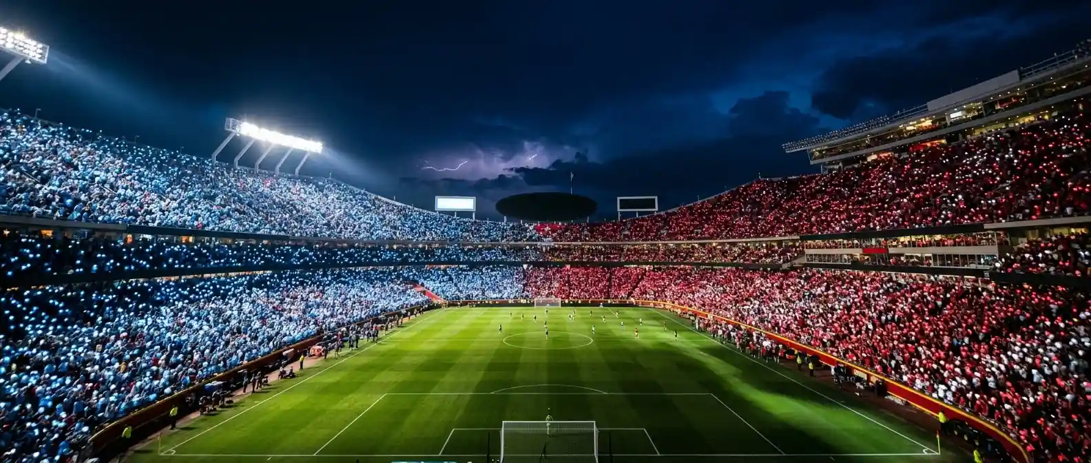 Nächtliches Panorama des Arrowhead Stadium in Kansas City unter Flutlicht mit rot-weißen Tribünenfarben
