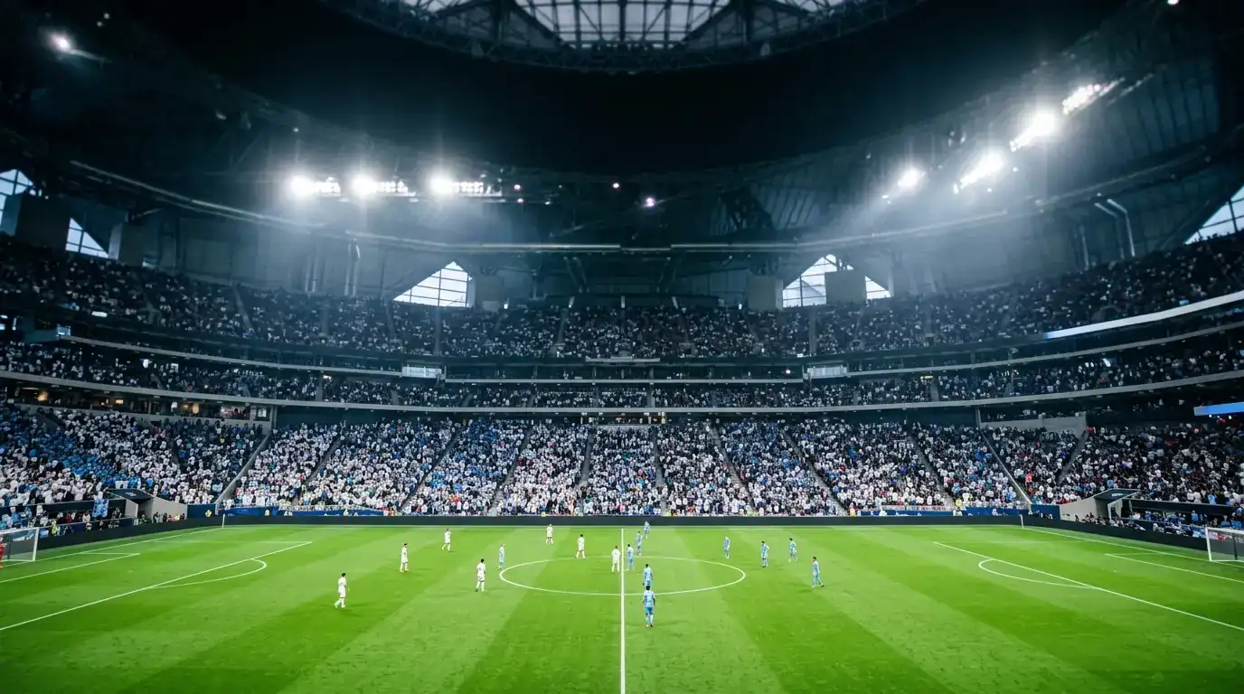 Ausschnitt aus dem Mercedes-Benz Stadium in Atlanta bei Nacht mit weißen und hellblauen Tribünenlichtern und dramatischer Abendstimmung