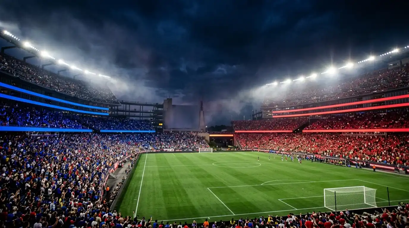 Ausschnitt aus dem Gillette Stadium bei Nacht mit blauen und roten Tribünenlichtern und einem dramatischen Sommerhimmel