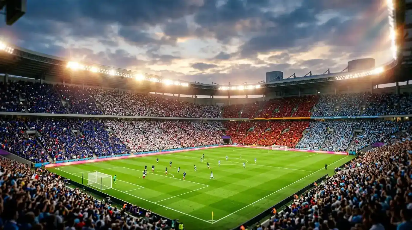 Der Halbfinal-Turnierbaum der WM 2026 mit vier verbliebenen Nationen unter Flutlicht in einem modernen US-Stadion