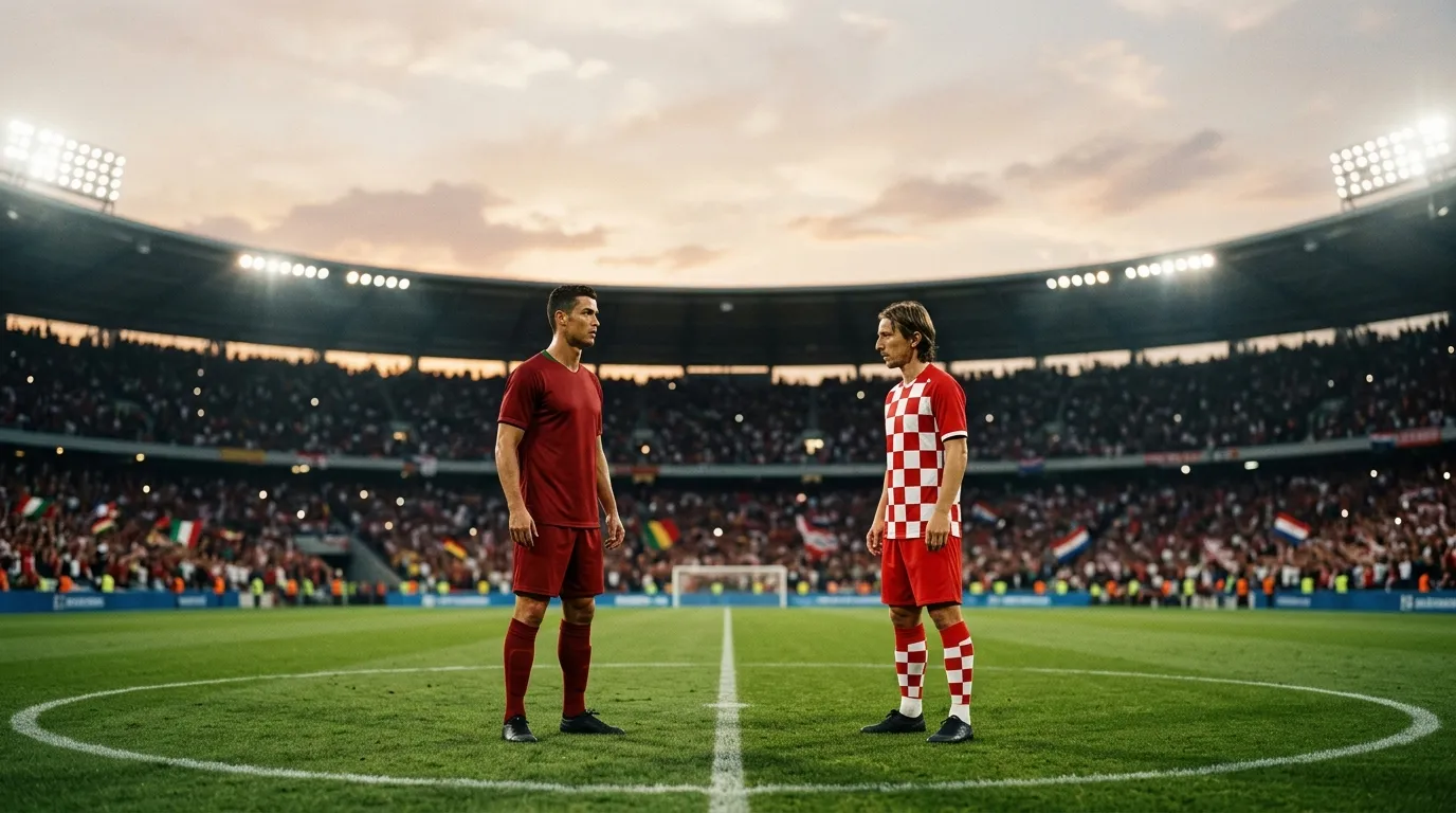 Zwei erfahrene Fußballstars in dunklen Trikots vor dem WM-2026-K.-o.-Spiel bei Flutlicht in Toronto