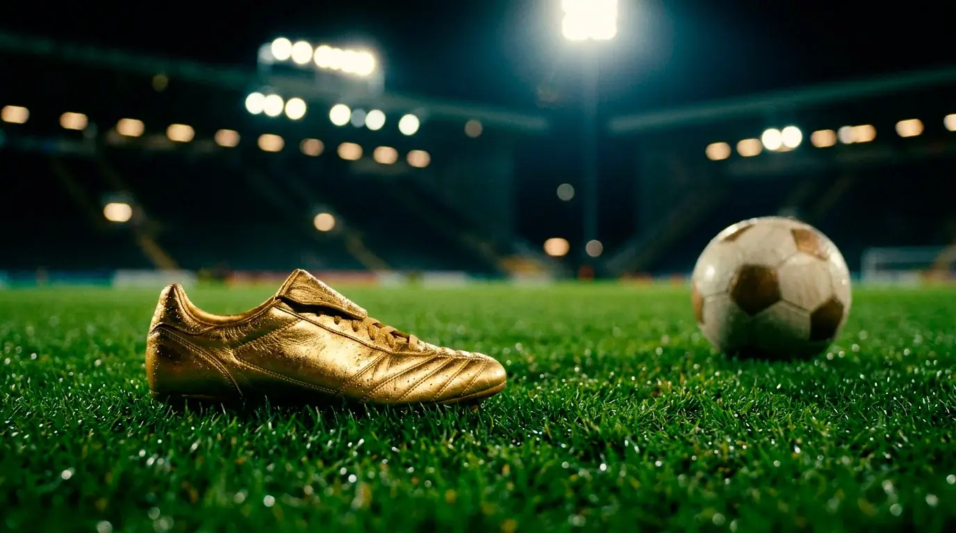 Goldener Fußballschuh auf grünem Rasen unter Flutlicht als Symbol für das Torjäger-Rennen der WM 2026