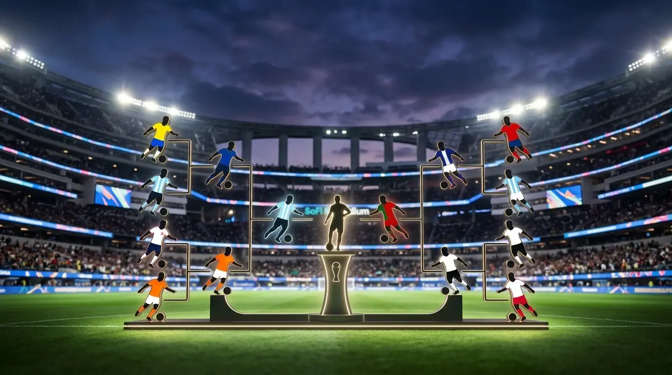 Der Viertelfinal-Turnierbaum der WM 2026 mit acht verbliebenen Nationen unter Flutlicht in einem modernen US-Stadion