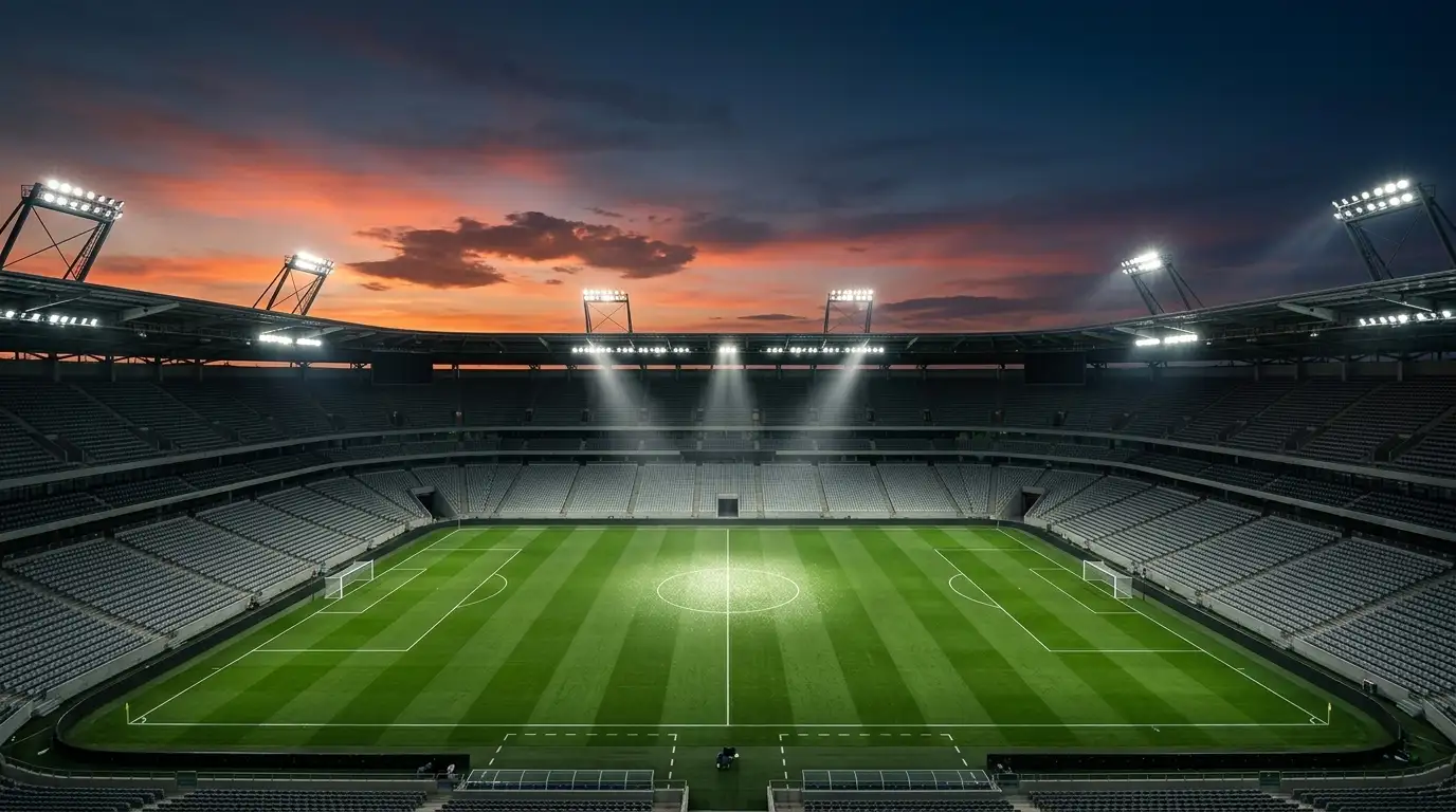 Der WM-Pokal-Moment symbolisiert durch Flutlicht und leere Finalbühne in einem modernen US-Stadion