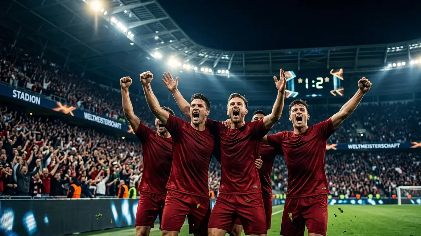 Torjubel bei Flutlicht in einem WM-2026-Stadion nach einem späten Treffer in der Verlängerung