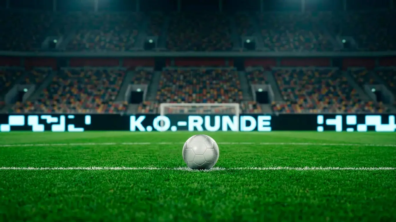 Spielball auf dem Anstoßpunkt eines leeren WM-2026-Stadions vor der K.o.-Phase